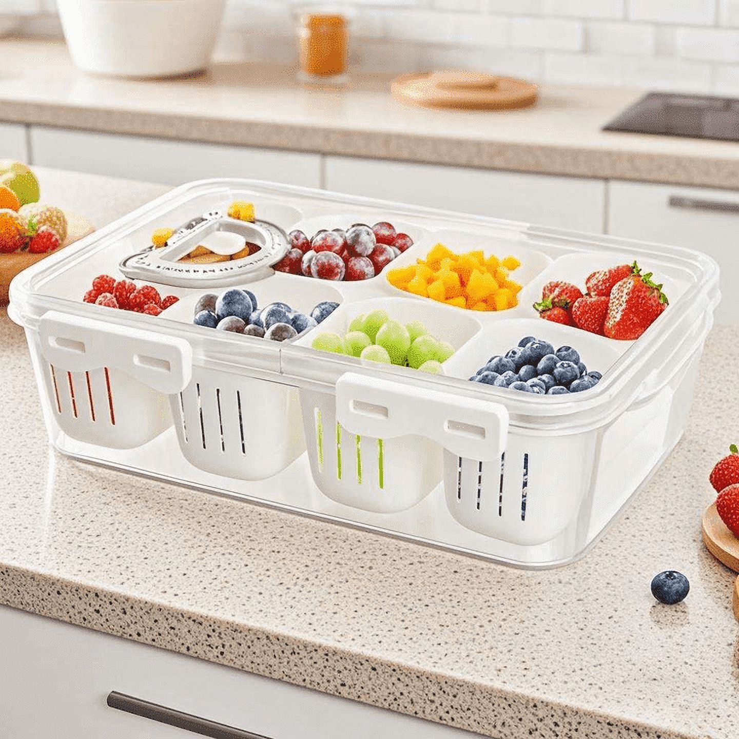 Fruit Divider Tray, 8 Compartments Big Trays for Salad with Lid and Handle, Snack Tray for Fruits, Candy, Nuts